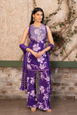 Woman wearing a purple floral printed kurta set with a hand-embroidered yoke, wide-leg palazzo pants, and an embellished dupatta by Senren.