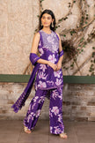 Woman wearing a purple floral printed kurta set with a hand-embroidered yoke, wide-leg  pants, and a satin dupatta by Senren.