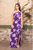 Model wearing a violet floral printed one-shoulder top with matching side slit maxi skirt, luxury designer co-ord set for women by Senren.