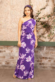 Model wearing a violet floral printed one-shoulder top with matching side slit maxi skirt, luxury designer co-ord set for women by Senren.