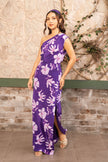 Model wearing a violet floral printed one-shoulder top with matching side slit maxi skirt, luxury designer co-ord set for women by Senren.
