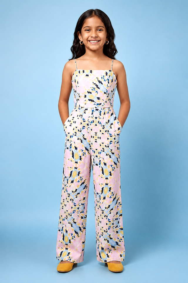 Blush pink abstarct geometric print jumpsuit.