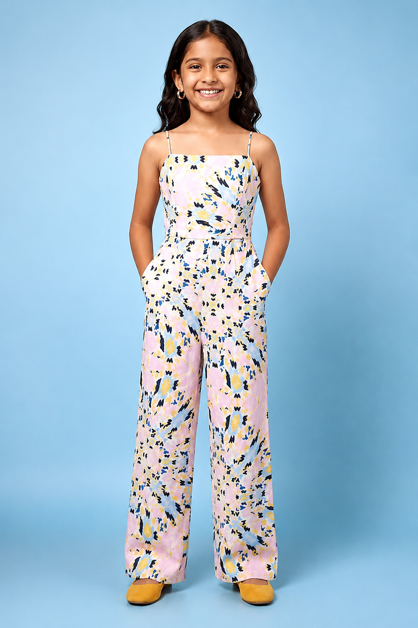 Blush pink abstarct geometric print jumpsuit.