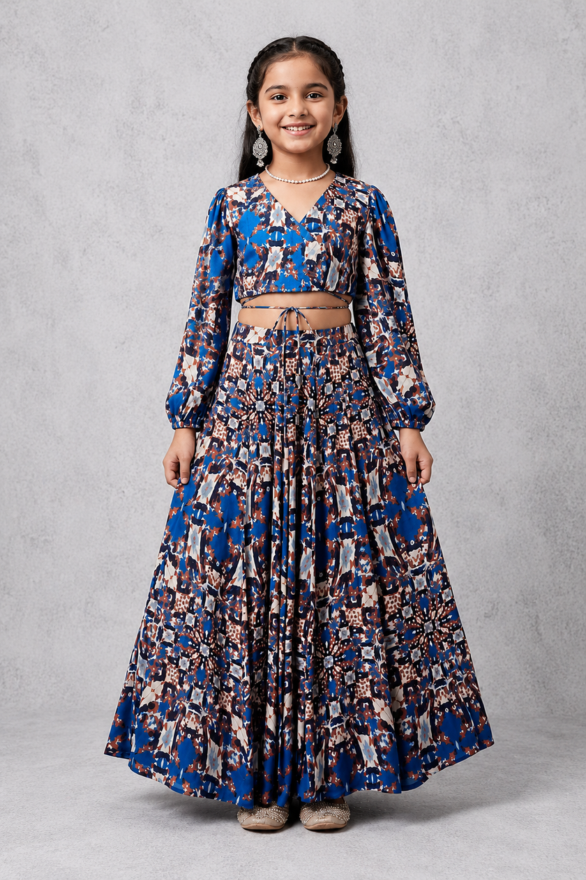 Blue V neck embroidered blouse with tieup & Lehenga