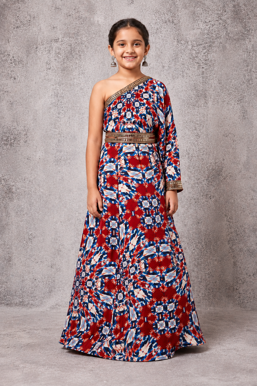 Maroon Off shoulder Kaftan with embroidered belt