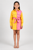 Yellow colorblocking shirt dress with Tie up belt.