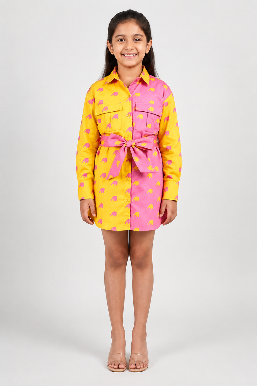 Yellow colorblocking shirt dress with Tie up belt.