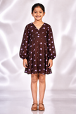 Brown V neck mini dress with voluminous sleeves