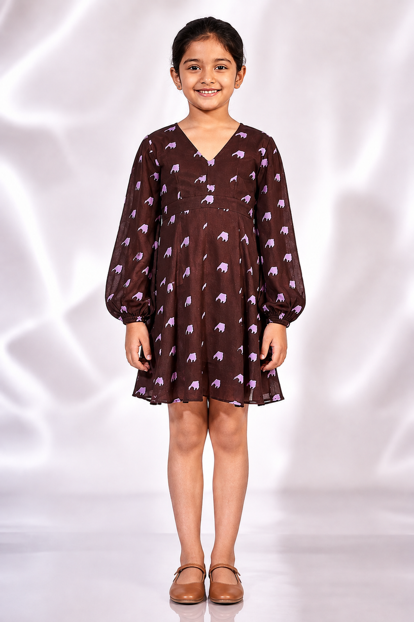 Brown V neck mini dress with voluminous sleeves