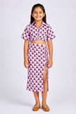 Lilac crop shirt with slit midi skirt.