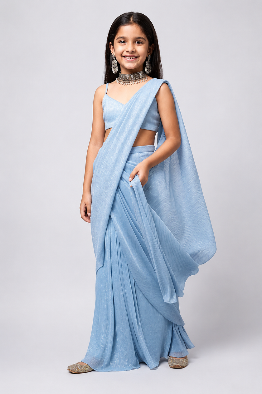 Blue Lycra Pre-draped Glitter Finish Saree with Blouse