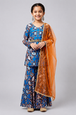 Blue V neck kurti with garara, embroidered belt and dupatta